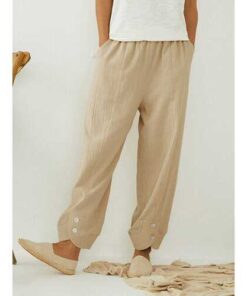 Alternative view of Solid Color Elastic Waist Loose Pants