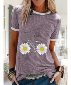 Daisy Floral Bike Letter Printed Casual T-shirt
