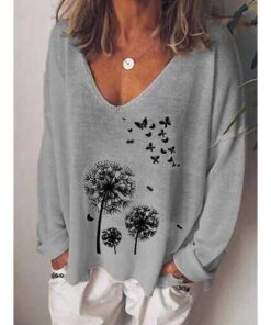 Casual Printed V-neck Long Sleeve T-shirt